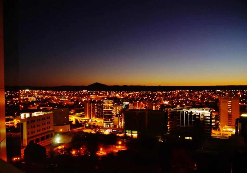 Windhoek after sunset, viewed from the Independence Memorial Museum in 2017.